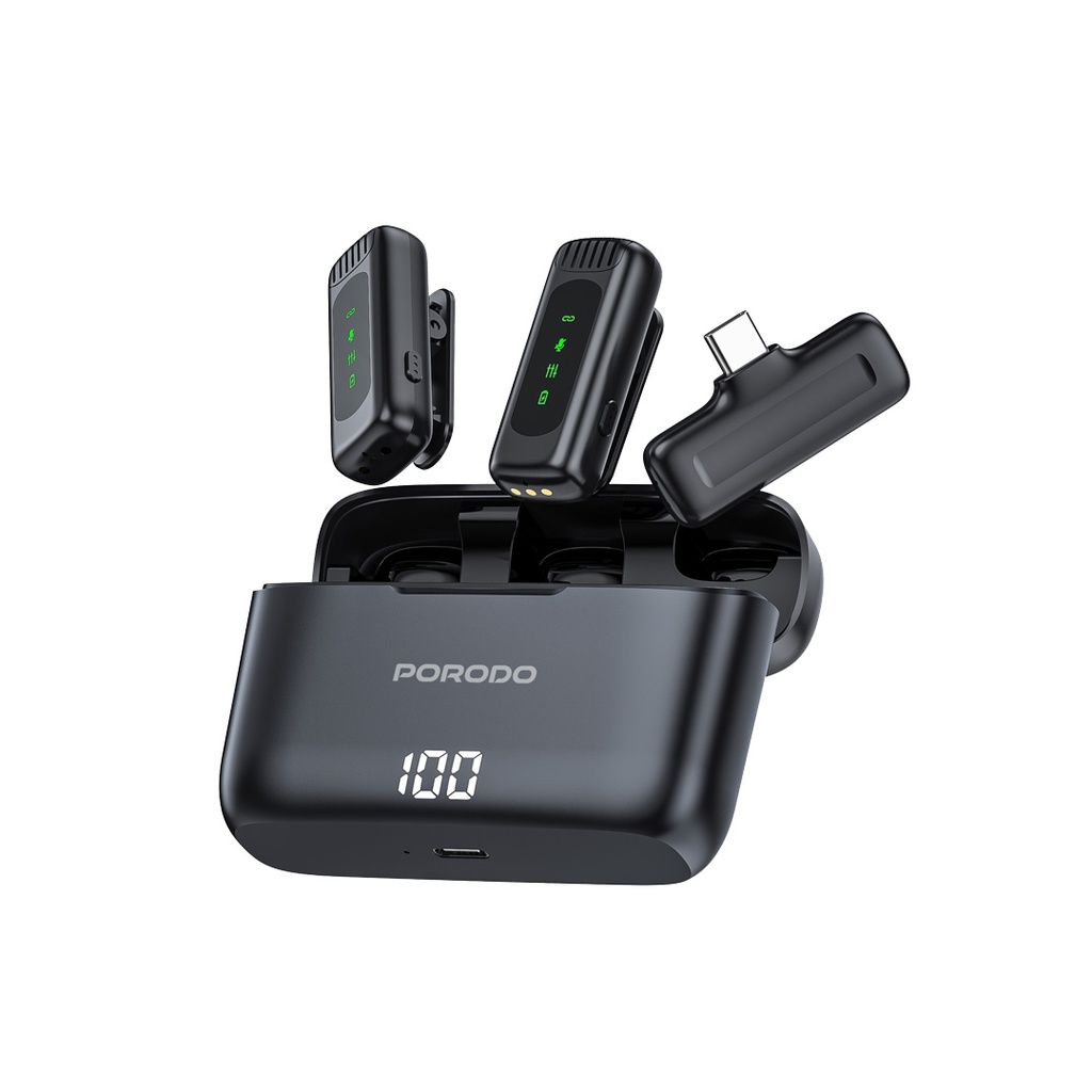 Porodo Lavalier Double Microphone with Charging Case (PD-LDMCLA-BK)
